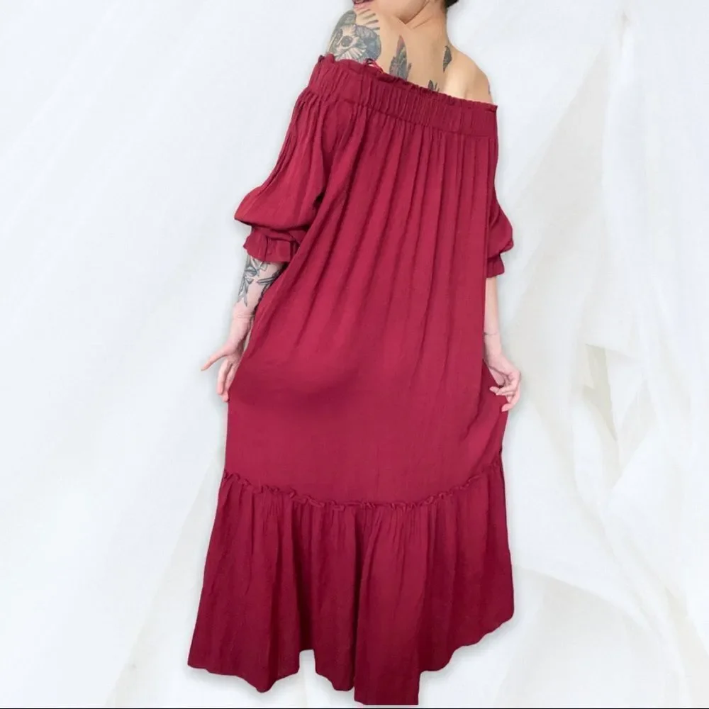 Renamed (M) Boho Maroon Off Shoulder Dress